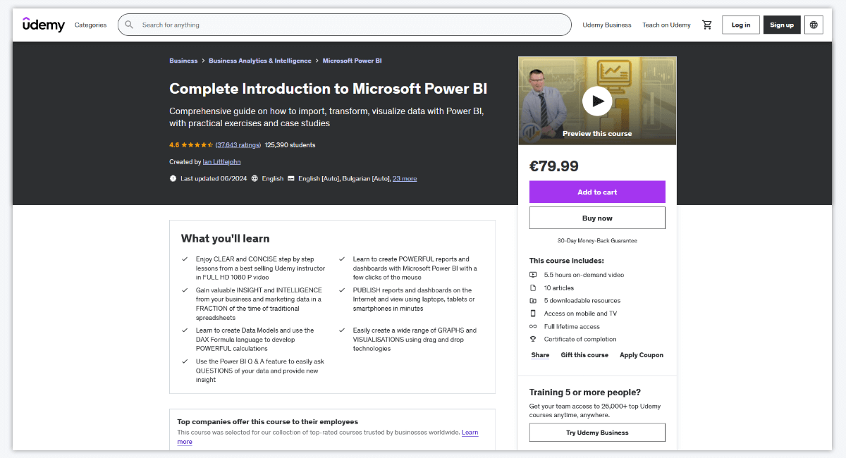 Udemy: Complete Introduction to Microsoft Power BI Training Course
