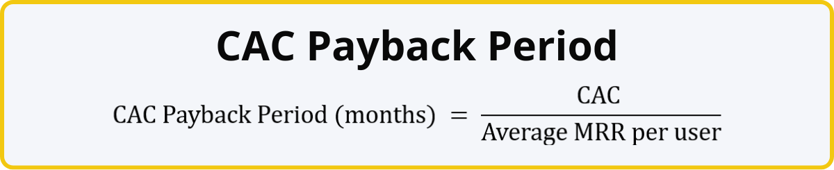 CAC Payback Period Formula = CAC / Average MRR Per User