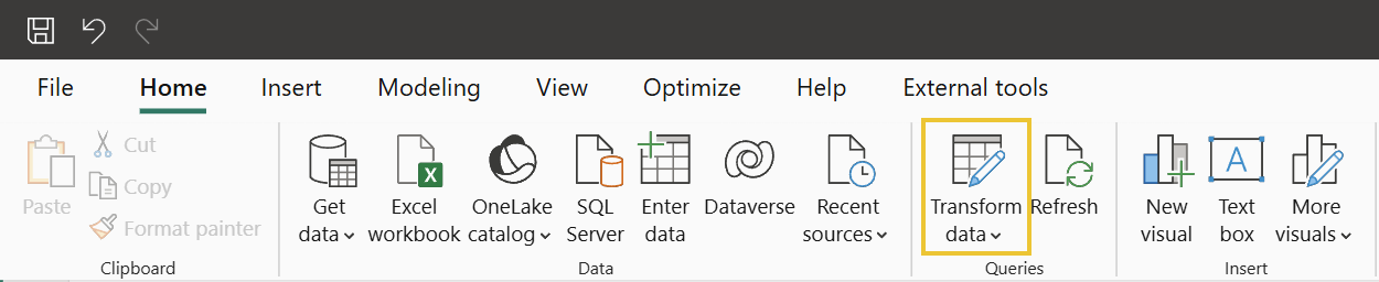 Click Transform Data in Power BI to open Power Query Editor