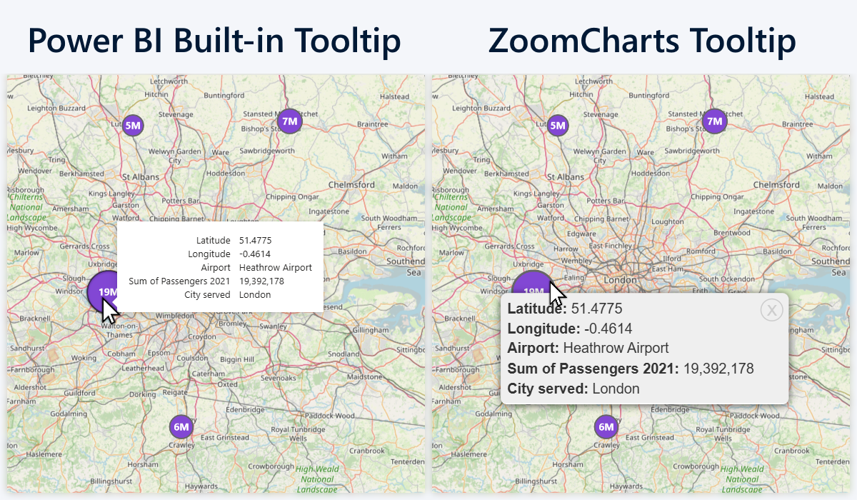 Single node tooltip in Map PRO: Power BI vs ZoomCharts