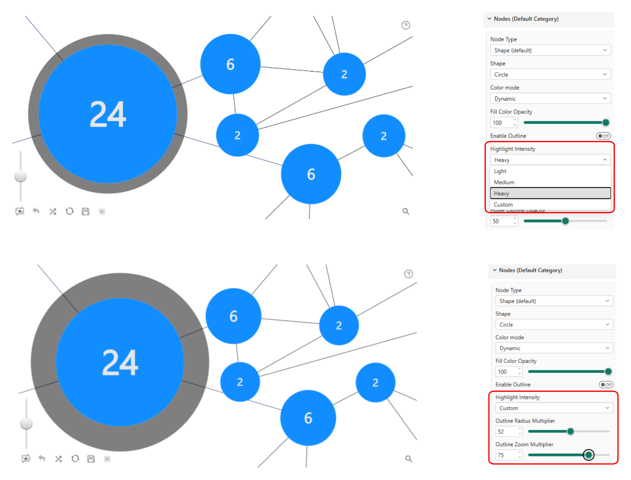 Highlight intensity dropdown showing Light, Medium, Heavy, and Custom options with corresponding visual examples in Graph Visual
