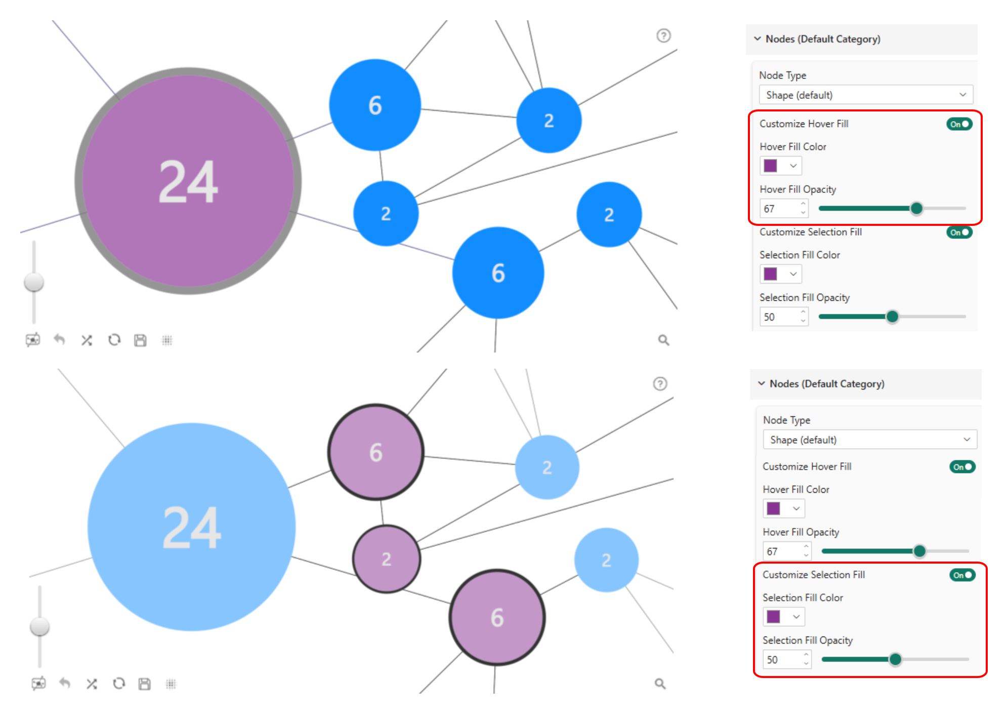 Custom hover fill color and selection fill color settings for Graph Visual nodes showing hover and selection states