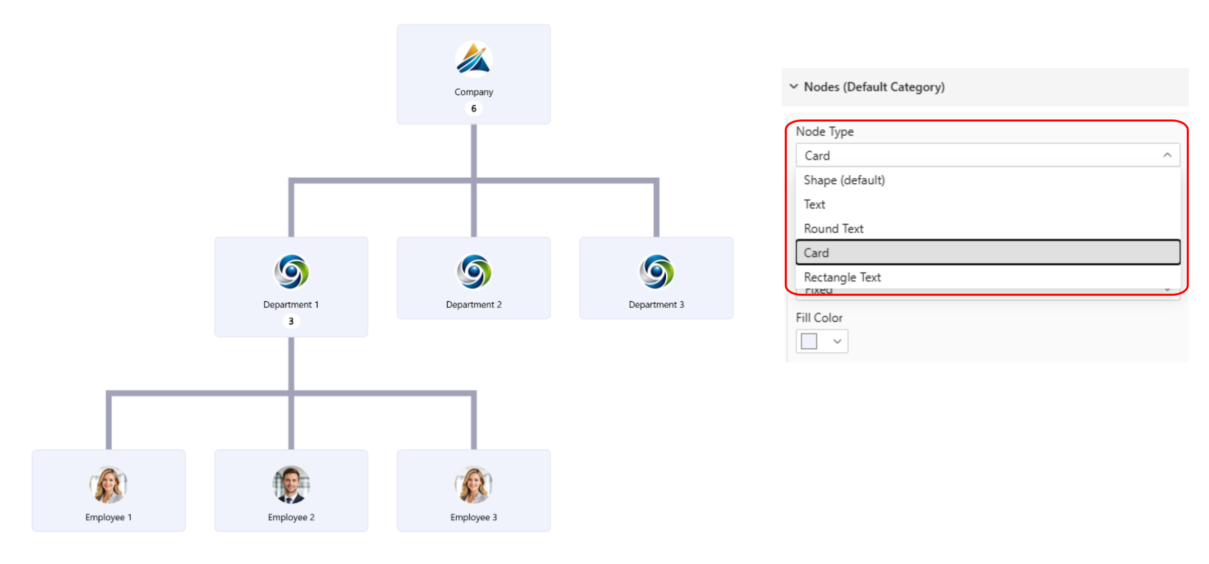 Card node type selected in Graph Visual settings showing a multi-level organizational chart with employee photos in Power BI