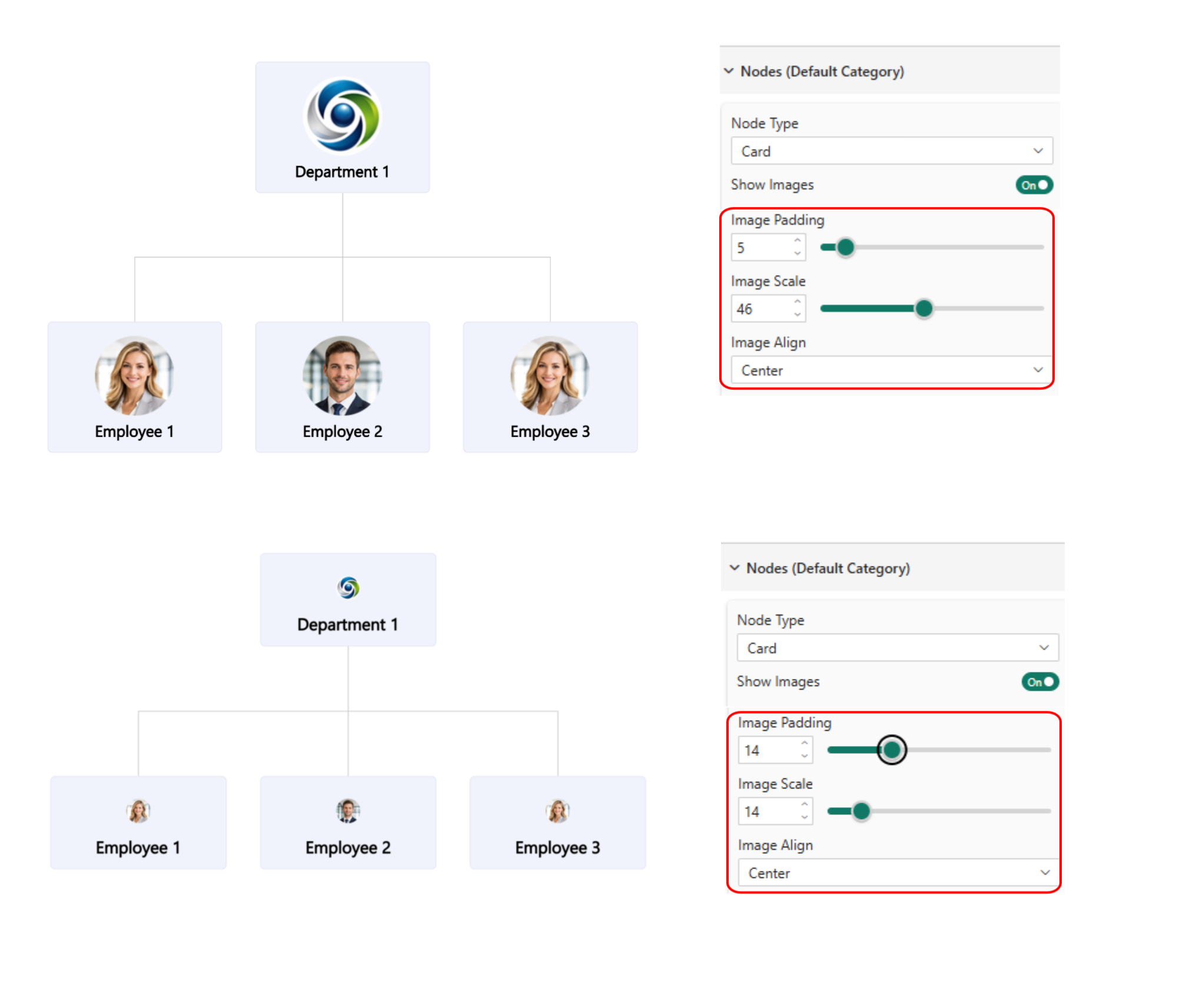 Image padding, scale, and alignment settings for Card nodes in Graph Visual with before and after comparison