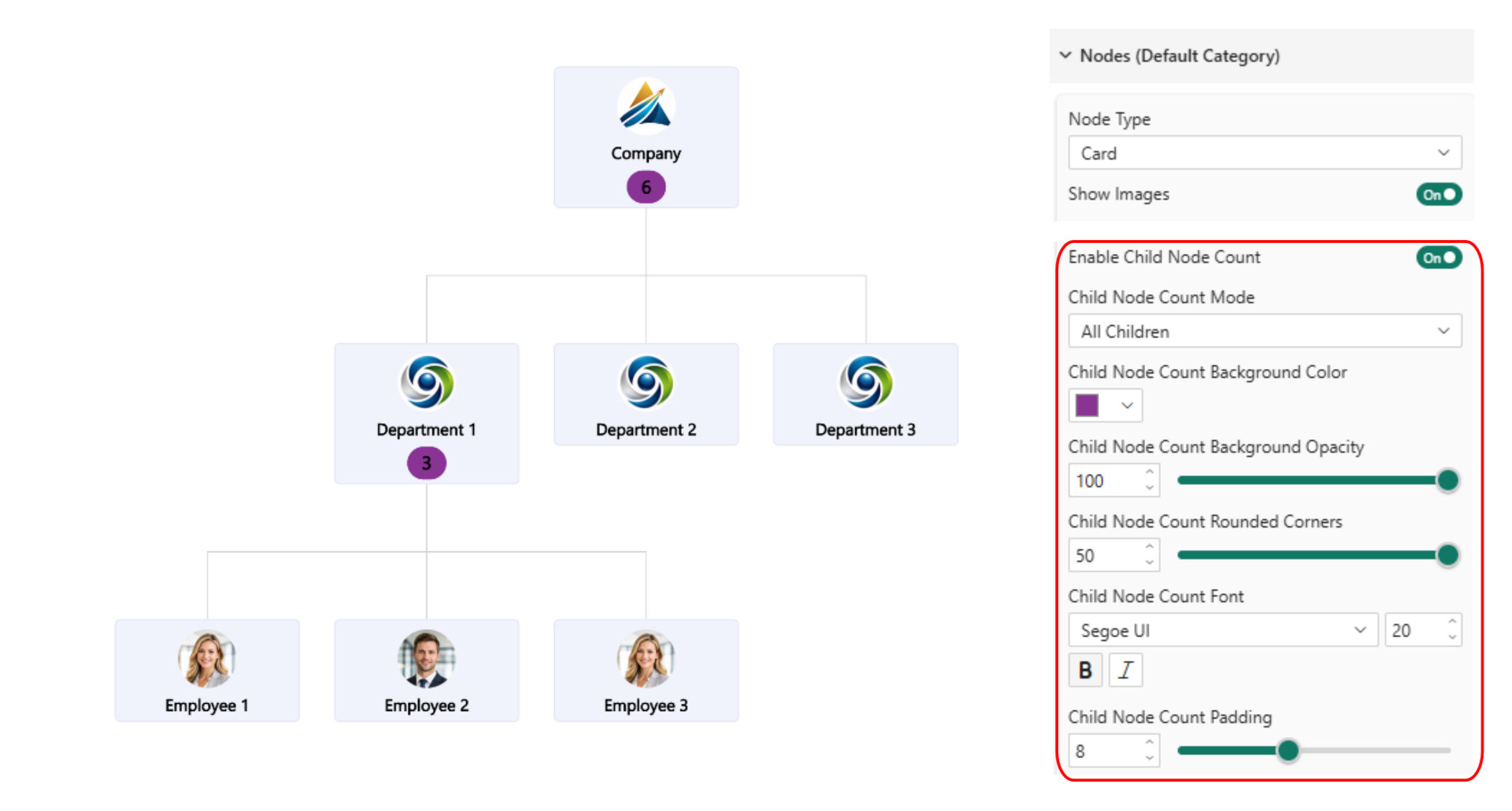 Child node count enabled on Card nodes showing purple numbered badges on parent cards in an organizational chart
